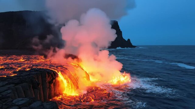 Lava flows into the ocean at dusk creating steam and fire in a dynamic natural landscape