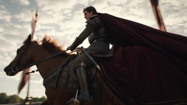 Medieval knight riding a horse with a lance and cape in a cloudy battlefield.