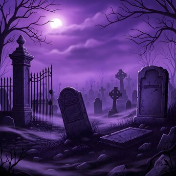 Spooky purple graveyard with gate and moon cemetery