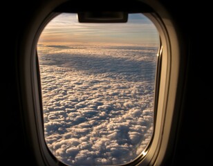 Fototapeta premium Aerial view of clouds from an airplane window during sunrise or sunset.