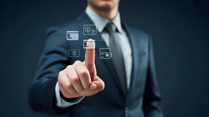 Businessman in suit pointing to digital interface projected on his hand