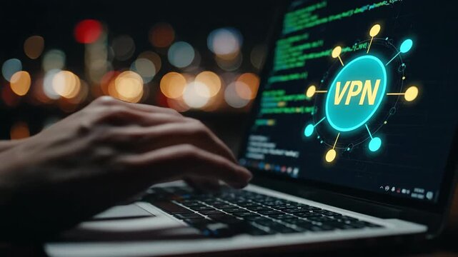 Close-up of hands typing on a laptop keyboard with a glowing VPN network icon displayed on the screen against a blurred night cityscape bokeh background. Represents online security and privacy.