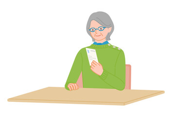 Senior woman flipping postcard to read illustration