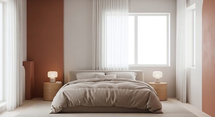 Fototapeta premium Minimalist Bedroom Interior with Modern Bed, Warm Colors, and Large Windows