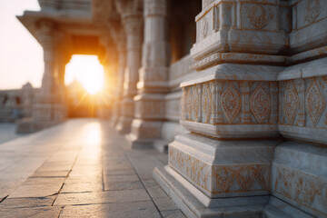 Sunrise illuminating ornate marble temple architecture with intricate details