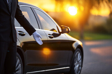 Luxury car service at sunset: chauffeur welcoming gesture with elegance