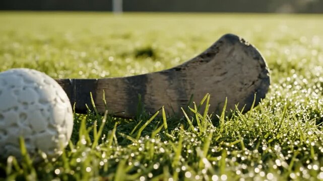 Low angle shot of a hurling ball and a hurley resting on a dew-covered green grass field.