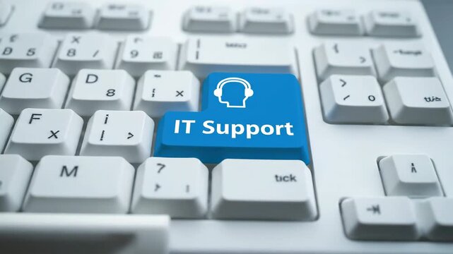 Close-up of a blue IT Support button with a headset icon on a white computer keyboard. Focus on technology and assistance.