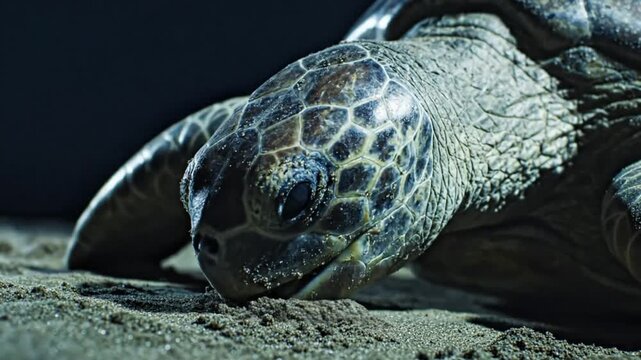Close-up view of a green sea turtle resting on the sandy beach at night with a dark background