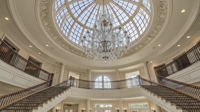 Grand foyer features dual staircases, marble floors, ornate ceiling dome, and crystal chandelier