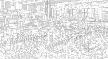 Detailed monochrome line art illustration of a bustling industrial factory floor with workers operating machinery on an assembly line
