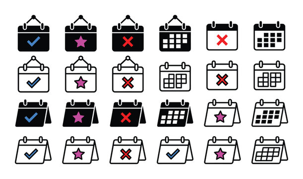 Appointment schedule calendar with check mark star and cross showing important tasks and events icon set