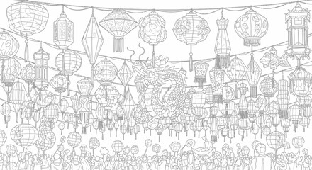 Fototapeta premium Intricate line art illustration of traditional Asian lanterns and a majestic dragon, ideal for coloring books and cultural designs.