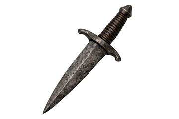 Medieval dagger with a worn, textured steel blade. Old weapon featuring a ribbed hilt, cut out for historical and fantasy themes