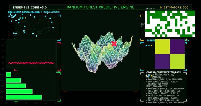 Random Forest Machine Learning Algorithm Visualization with Ensemble Prediction Model, Feature Importance Analysis, Data Mining Concept and Predictive Analytics Technology