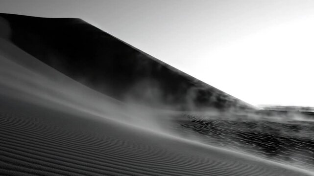 Monochrome landscape of a windblown sand dune with rippled texture and blowing sand against a bright sky