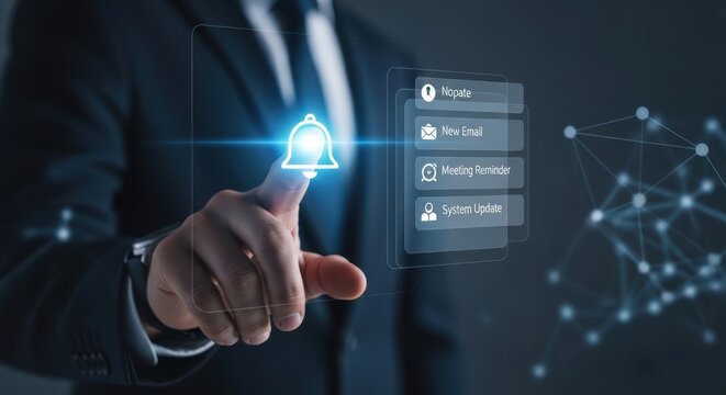 Businessman hand pressing a glowing notification bell to check recent updates.