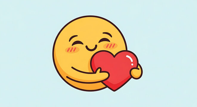 A smiling yellow emoji holding a red heart with a blushing face.