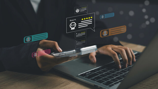 Online rating and customer review concept on smartphone screen with five star feedback and testimonials, Digital reputation management, client satisfaction, and business marketing strategy.
