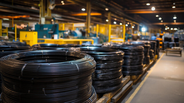 Stacks of coiled black cables in organized rows, soft light reflecting off smooth surfaces, industrial manufacturing atmosphere, with copy space