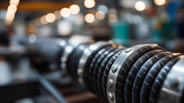 Macro view of tightly coiled black cables with repetitive patterns, metallic connectors visible, defocused industrial workshop subtly blurred, with copy space