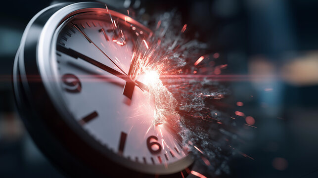 Striking image of exploding clock radiating light and particles, time and fleeting nature symbolism, temporal concept visualization, with copy space