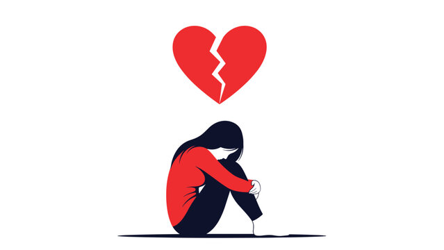 Distraught woman sitting dejectedly on the floor with a broken heart above her, symbolizing deep sadness and heartbreak.