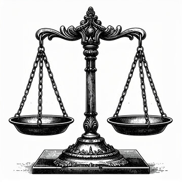 Vintage Black and White Scales of Justice Illustration.
