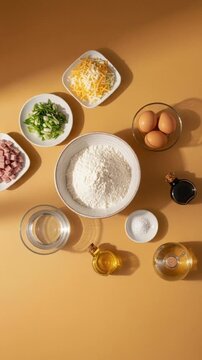 Overhead baking ingredients on warm background, flour eggs cheese and diced ham with scallions, recipe prep for brunch comfort food, Easter gathering mood