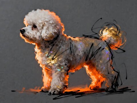 Minimalist abstract sketch series : Bichon Frise dog, with iridescent orange-gold effect portrait of a canine pet in gray cardstock 007