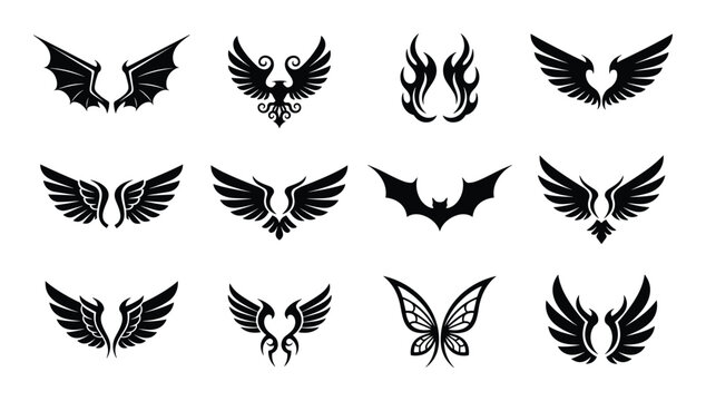 Set of stylized wings for your design isolated on transparent background different bird and bat style