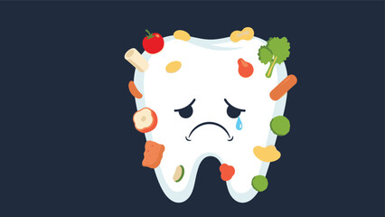 Sad tooth covered in food debris on a dark background, symbolizing poor dental hygiene and the need for oral care.