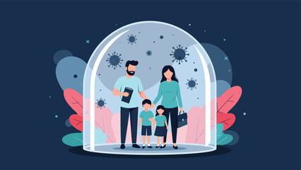 Family protected under a glass dome, safe from viruses and bacteria, symbolizing health protection and quarantine during pandemic.