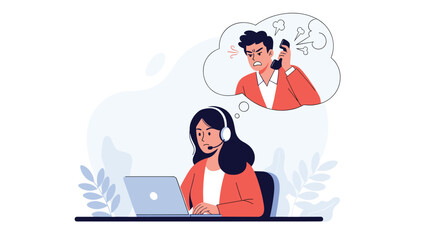 Female customer service agent dealing with an angry, yelling customer on the phone, symbolizing stress and challenging work.