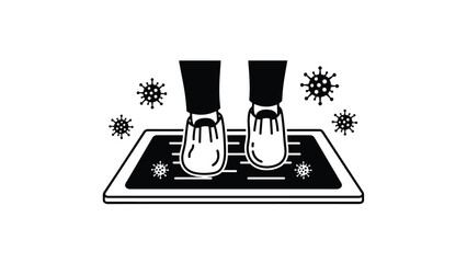 Feet with shoe covers on a mat, surrounded by viruses, symbolizing hygiene, infection control, and preventing germ spread.