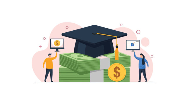 People holding money and digital devices next to a graduation cap and piles of cash, symbolizing education costs and financial aid.