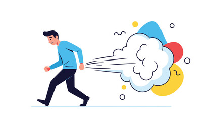 Man farting with a large cloud of gas, symbolizing flatulence, digestive issues, or embarrassing bodily functions.