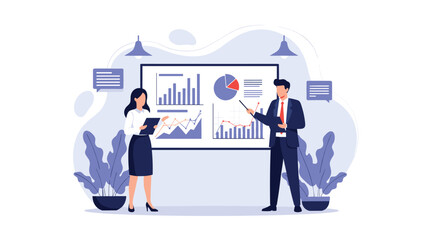Two business professionals presenting data and charts on a large whiteboard during a business meeting or seminar.