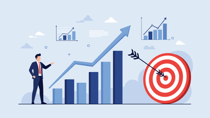 Businessman standing next to growing charts and a target with an arrow, symbolizing business goals, growth, and success.