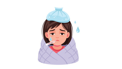 Sick girl with a thermometer in her mouth and an ice pack on her head, suffering from fever and illness.