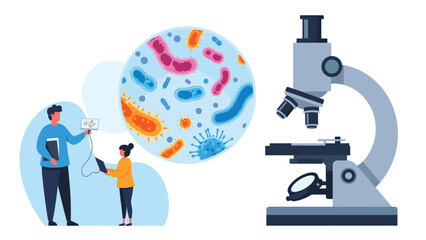 Scientists observing microorganisms through a microscope, symbolizing scientific research, microbiology, and health studies.