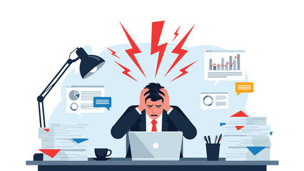 Overwhelmed businessman clutching his head in stress, surrounded by piles of paperwork and a laptop, symbolizing burnout and pressure.