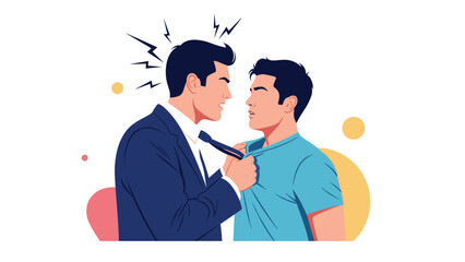 Angry boss yelling at and grabbing his employee's tie, symbolizing workplace conflict, harassment, and toxic work environment.
