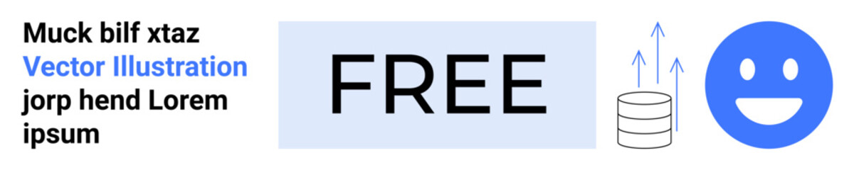 Fototapeta premium Technology, data storage, free content, communication, cloud computing, happiness. Graphic the word FREE, a database icon with arrows and a smiling emotion. Technology and data storage theme