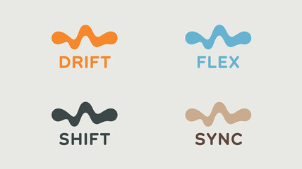 An image displays four distinct logo variations with wave like designs alongside corresponding text labels drift flex shift and sync high quality professional detailed modern elegant © rocky