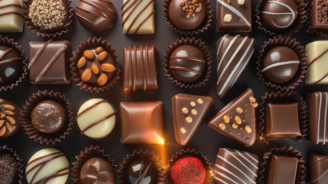 Assorted chocolates and confections arranged neatly on a dark surface, viewed from directly above, showcasing various shapes and designs