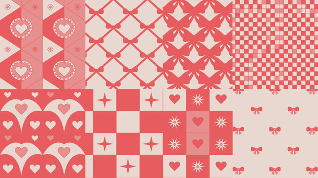 A vibrant patchwork of red and white geometric patterns creates a repeating background design featuring hearts bows and diamond shapes high quality professional detailed modern elegant