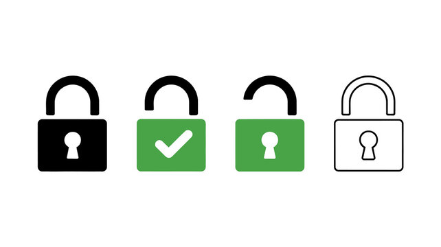 Four padlock icons illustrate varying security states ranging from locked to unlocked with a green checkmark high quality professional detailed modern elegant stylish clean crisp vibrant