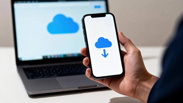 A person holding a smartphone while downloading data from a cloud server on a desk.