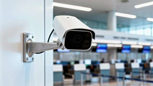 CCTV security camera mounted on a white wall in a busy modern airport terminal hall.